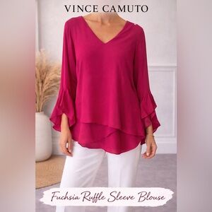 Vince Camuto Fuchsia V-Neck Ruffle Sleeve Blouse